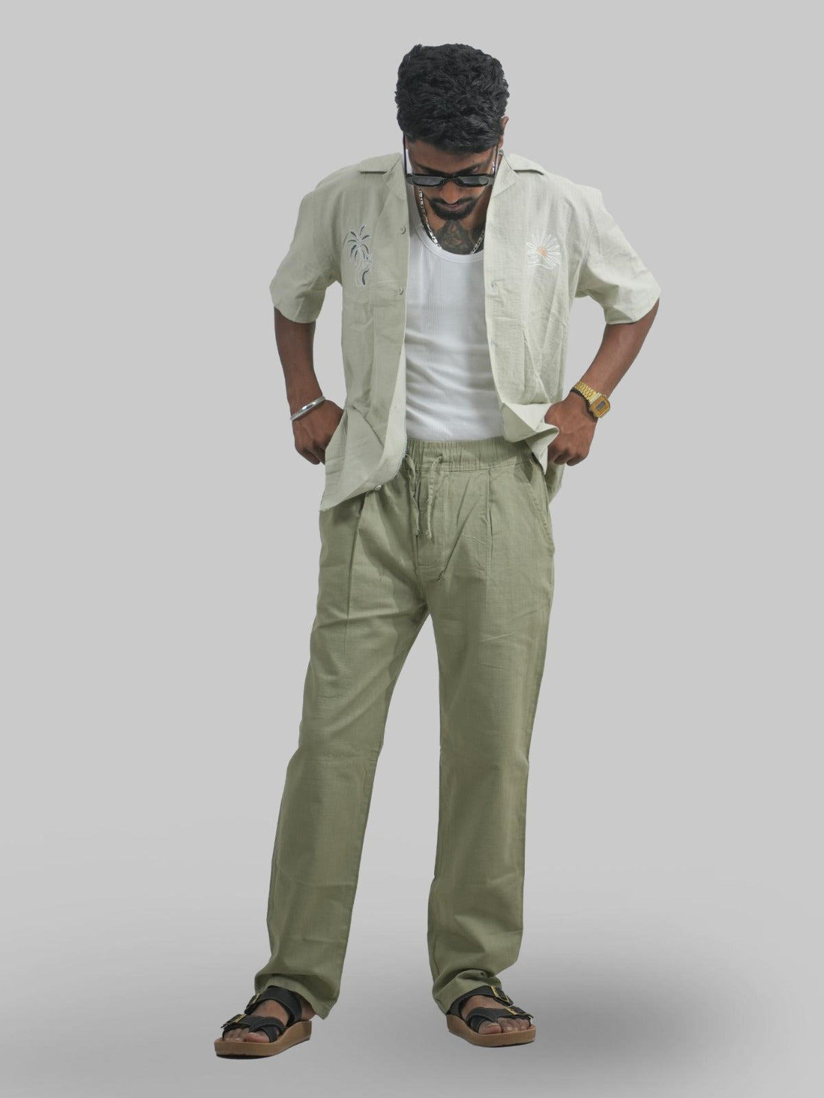 Malachi Men Linen Relaxed Fit Trousers Olive