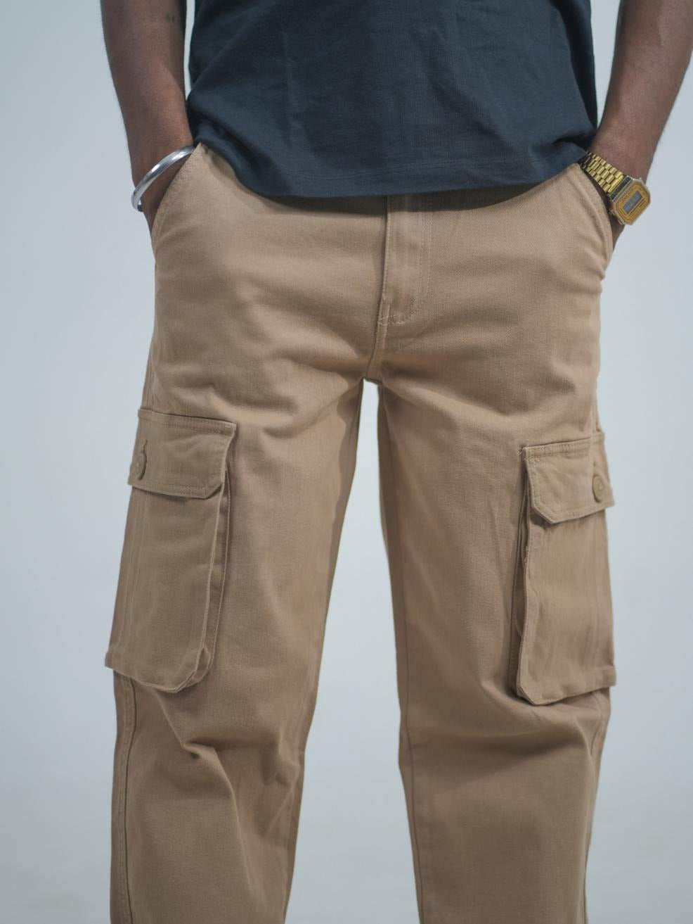 Men Beige Cotton Lycra 6 Pocket Cargo Pants