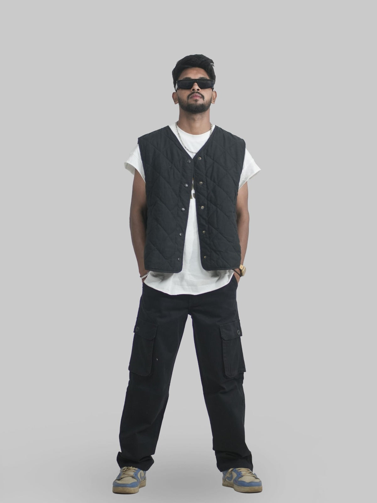 Men Black Cotton Lycra 6 Pocket Cargo Pants