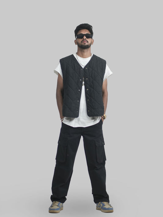 Men Black Cotton Lycra 6 Pocket Cargo Pants