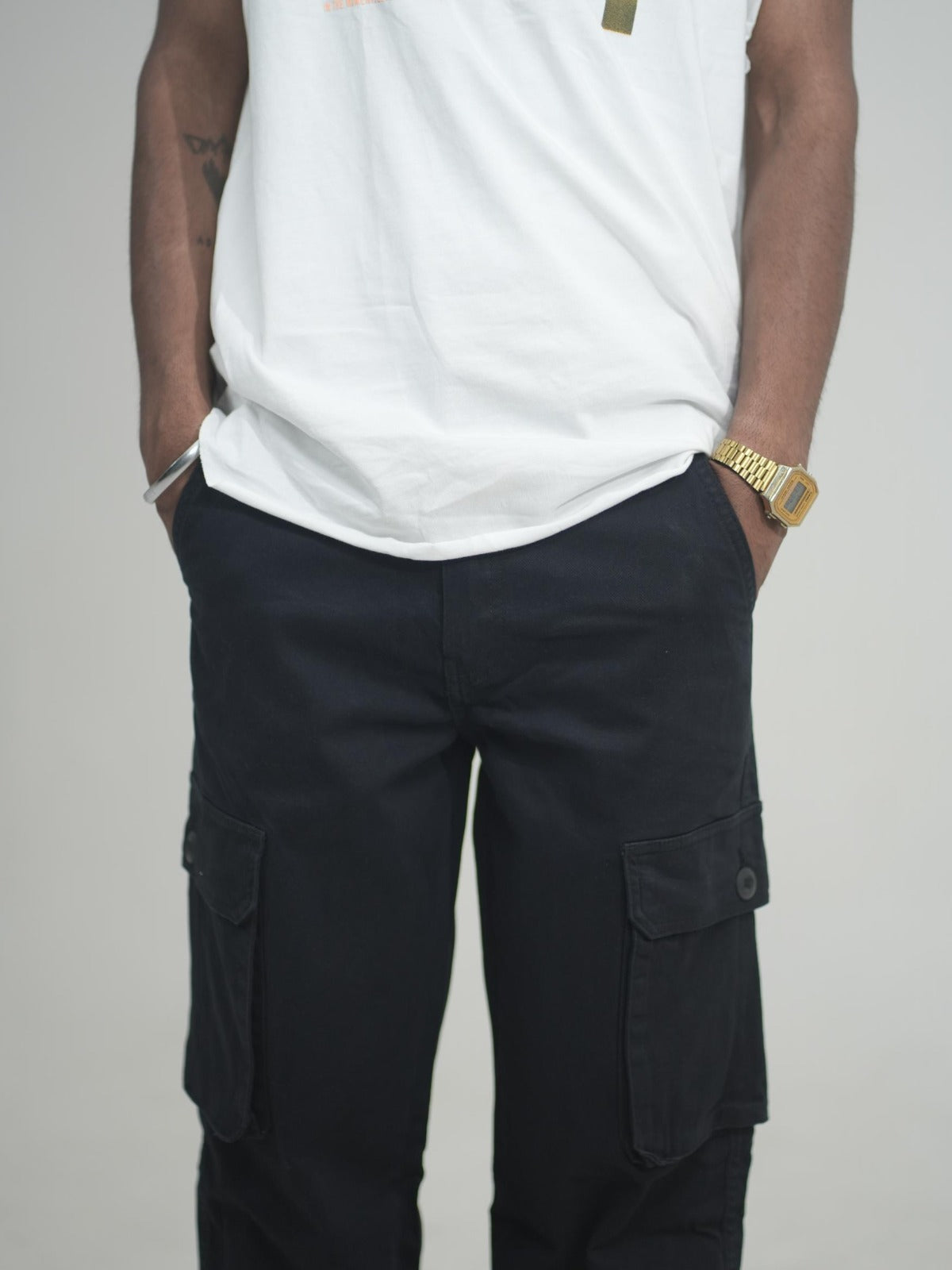 Men Black Cotton Lycra 6 Pocket Cargo Pants