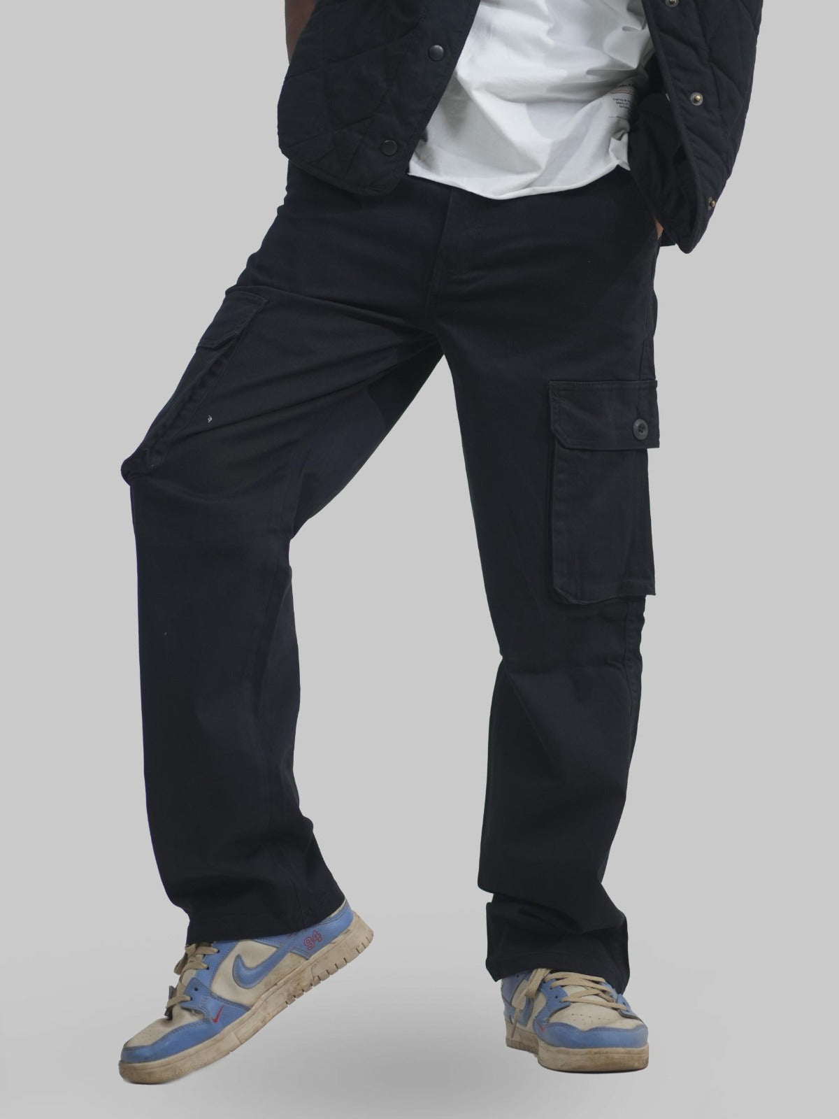 Men Black Cotton Lycra 6 Pocket Cargo Pants