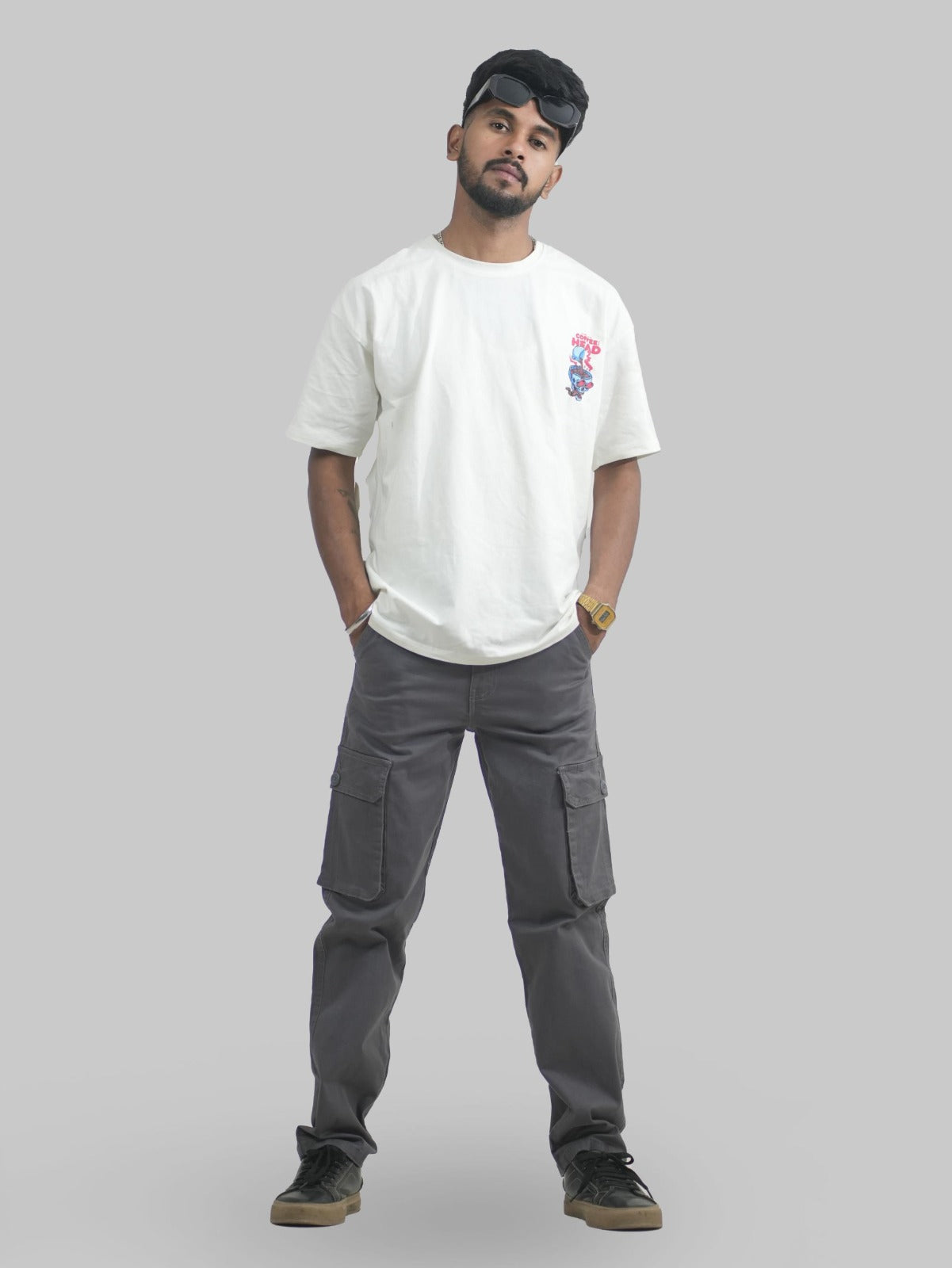 Men Grey Cotton Lycra 6 Pocket Cargo Pants