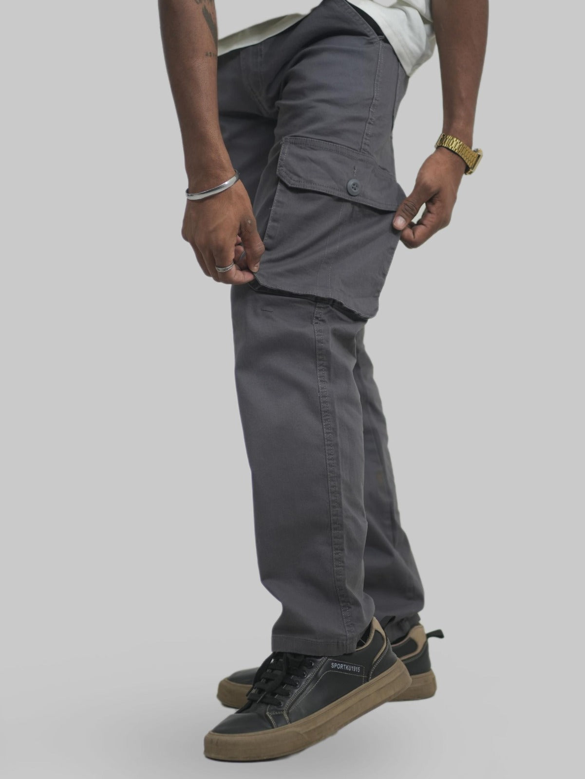 Men Grey Cotton Lycra 6 Pocket Cargo Pants