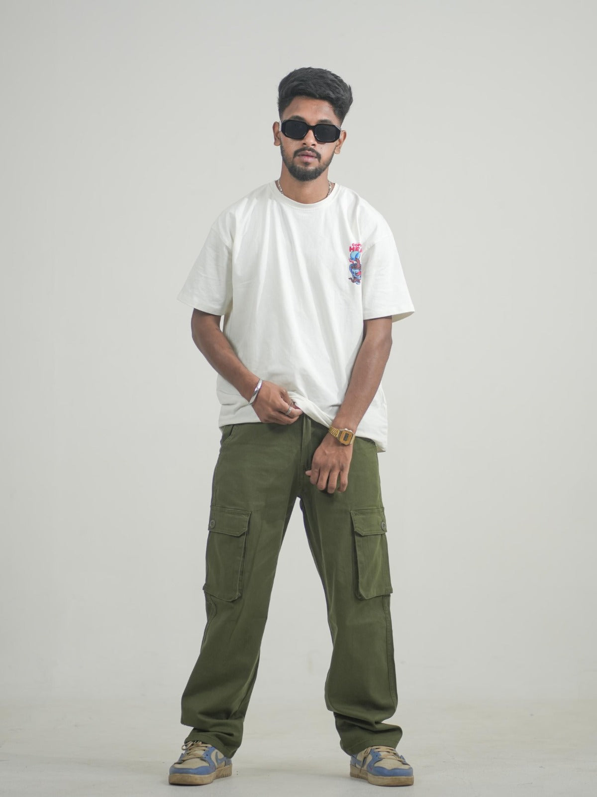 Men Olive Cotton Lycra 6 Pocket Cargo Pants