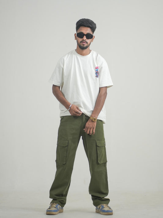 Men Olive Cotton Lycra 6 Pocket Cargo Pants