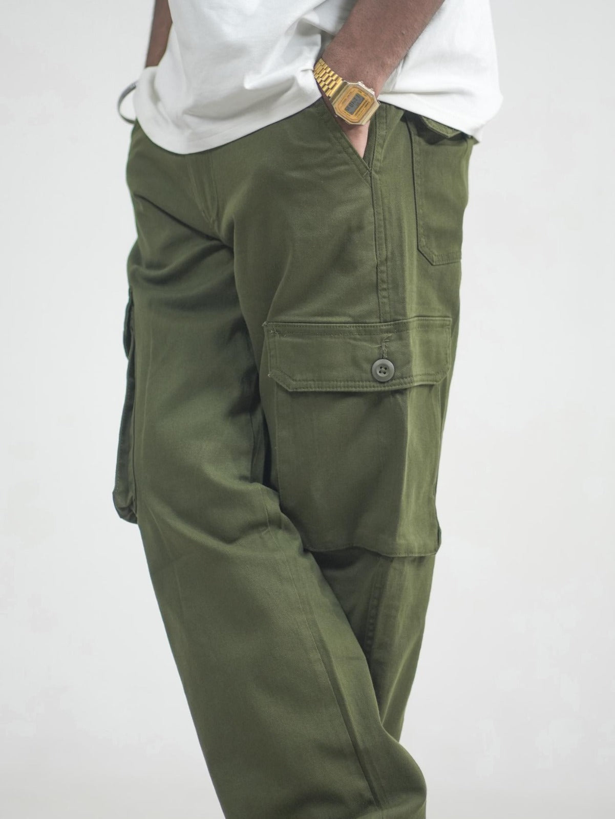 Men Olive Cotton Lycra 6 Pocket Cargo Pants