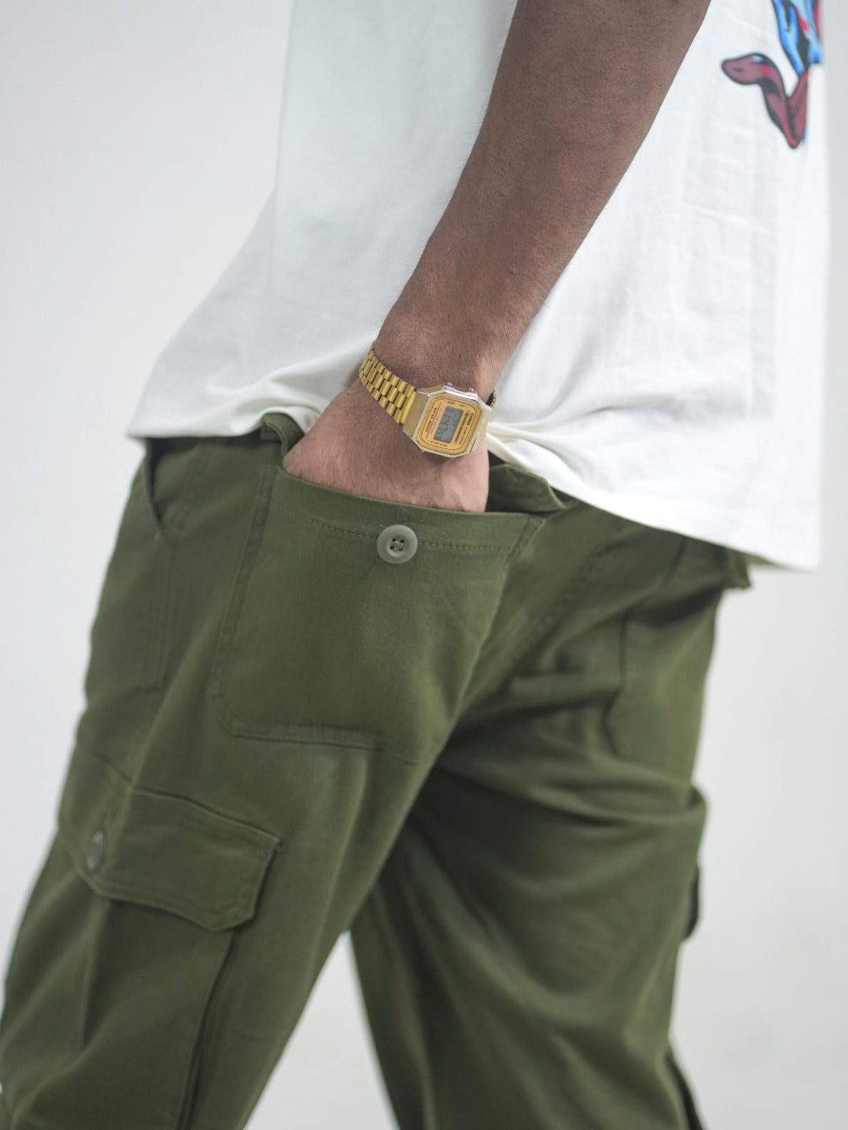 Men Olive Cotton Lycra 6 Pocket Cargo Pants