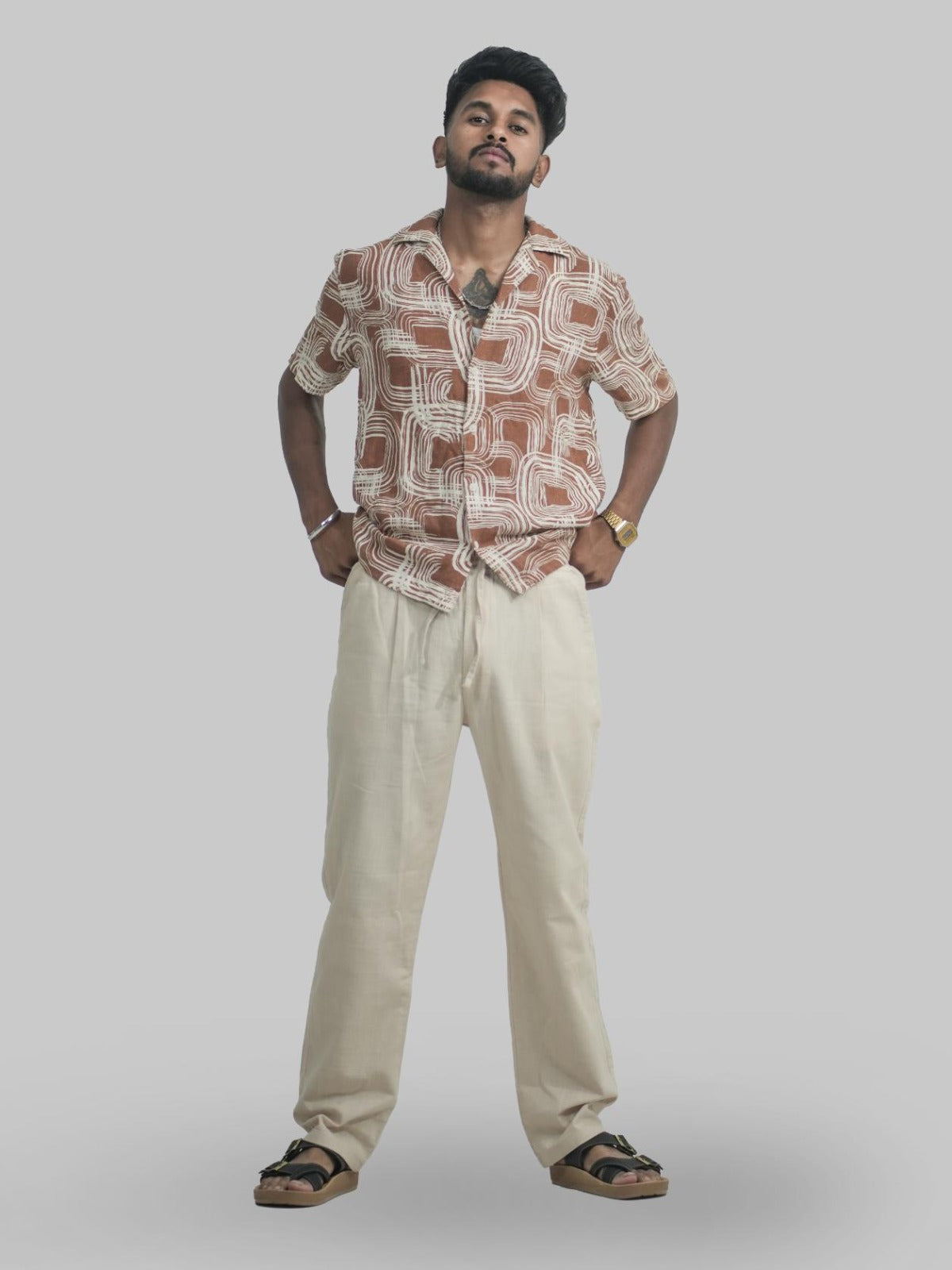 Malachi Men Linen Relaxed Fit Trousers Beige